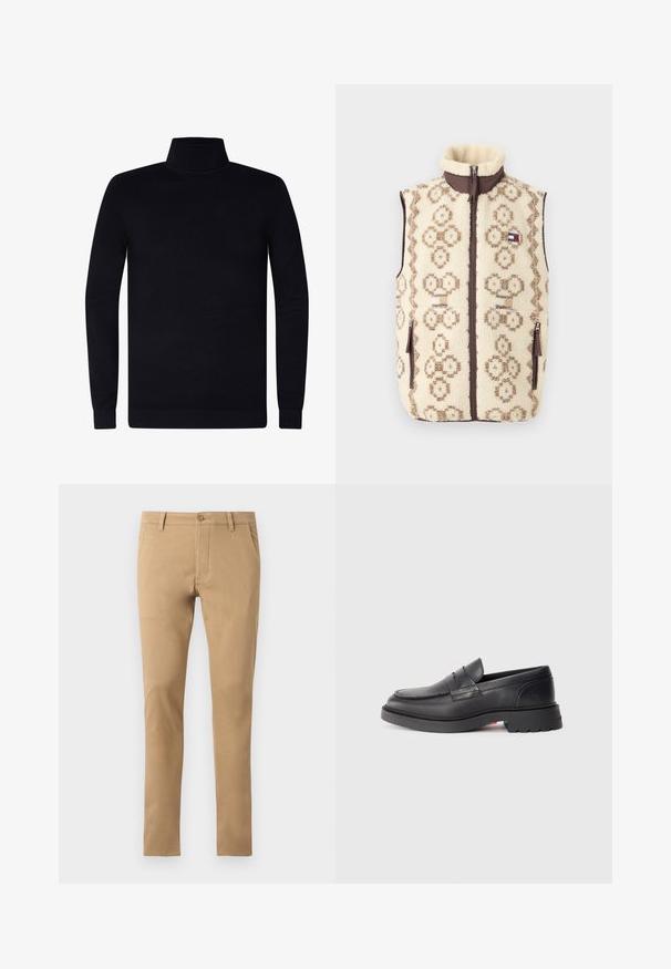 Fleece vest med en cremet bund, brun geometrisk mønster og lynlås foran. Har sidelommer og høj krave.; Sort turtleneck sweater, ribbede manchetter og krave, blødt strikstof, let design, lange ærmer, ingen synlig branding eller mønstre.; Slim-fit beige chinos med knaplukning, forlommer og en glat tekstur. Enkelt design, tætsiddende ben og ren søm.; Sorte læder loafers med en rund tå, en hævet søm og en tyk gummisål. Enkel design med minimal branding på siden.