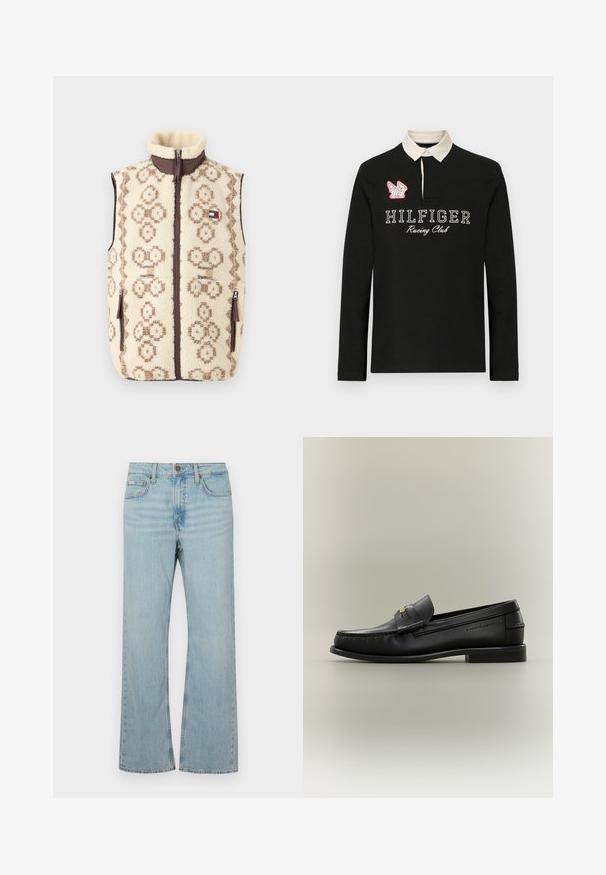 Fleece vest med en cremet bund, brun geometrisk mønster og lynlås foran. Har sidelommer og høj krave.; Sort langærmet polo-shirt med en beige krave, der har "HILFIGER Racing Club" i hvid skrift og et rødt broderet logo detaile.; Lysblå denim flared jeans med en mellemhøj talje, fem lommer og kontrastsyning. Har en lynlåsåbning og metalknaplukning.; Sort læder slip-on loafer med lav hæl, guldbeslag og præget mærkenavn på siden mod en neutral baggrund.