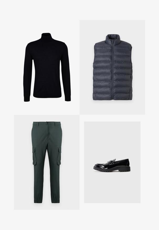 Marineblå, kviltet ærmeløs puffervest med høj krave og frontlynlås, præsenteret på en lys grå baggrund.; Sort turtleneck sweater i glat strikstof. Har lange ærmer, en tætsiddende hals og ribbede manchetter og kant for en tætsiddende pasform.; Mørkegrønne cargobukser med sidelommer med klap, elastiske manchetter, bæltestropper samt forside med knap- og lynlås lukning.; Sneakers i sort patentlæder med rund tå, dekorativ rem og kraftig gummisål med dybe treads til traction.