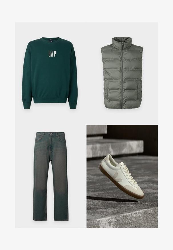 Grå polstret ærmeløs vest med høj krave, frontlynlås og to forlommer mod en hvid baggrund.; Grøn langærmet sweatshirt med ribbede manchetter og talje, med hvidt broderet "GAP" logo på brystet. Blødt stof.; Mørkegrønne denimjeans med lige ben, der har et klassisk design med fem lommer og kontrastsyninger langs sømmene.; Hvide læder sneakers med tanfarvet gummisål, flade snørebånd og V-formet detalje på siden. Har en glat overflade og minimale syninger.