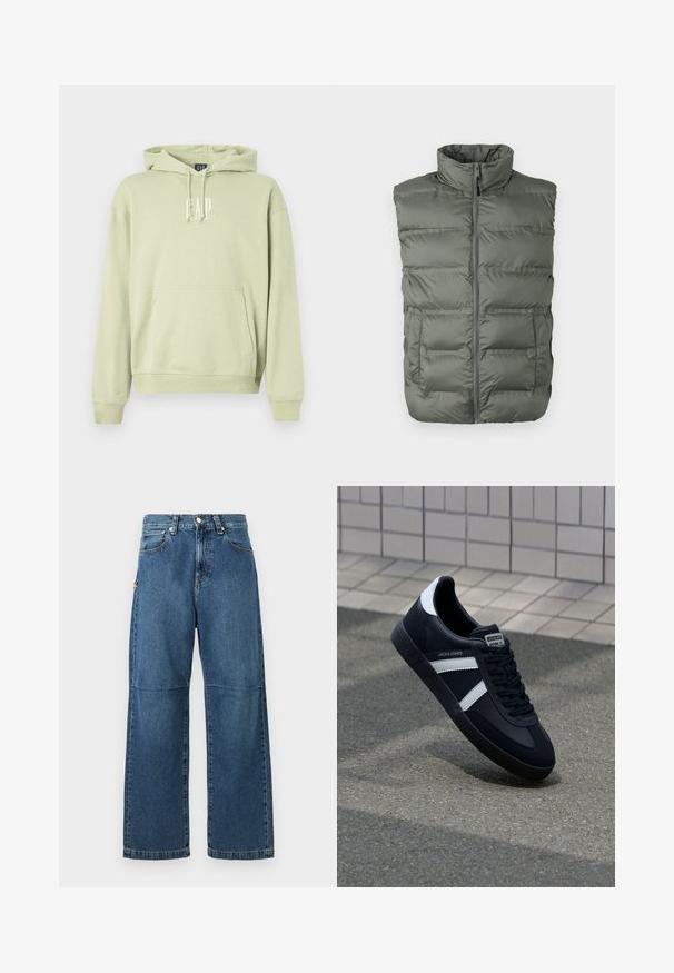 Grijze gewatteerde mouwloze vest met hoge kraag, ritssluiting aan de voorkant en twee voorzakken op een witte achtergrond.; Lichtgroene hoodie gemaakt van zachte stof, met een voorkantzak en een witte "GAP"-logo. Ribgebreide manchetten en zoom.; Blauwe denim jeans met een relaxte pasvorm, rechte pijpen, zichtbare stiksels en een sluiting met een voorste knop. Heeft een zijzak met een accent.; Zwarte leren sneaker met witte strepen, een gestructureerde rubberen zool en vetersluiting aan de voorkant. Voorzien van een merklabel op de tong.