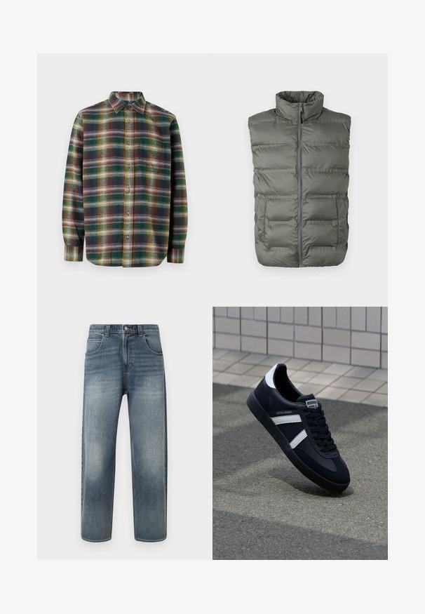 Gilet sans manches gris rembourré avec col montant, fermeture éclair sur le devant et deux poches avant sur fond blanc.; Chemise à manches longues en tartan aux tons vert, bleu marine et orange, avec une fermeture à boutons, un col étalé et un tissu doux et texturé.; Jean en denim bleu clair à coupe droite, doté de cinq poches, d'une braguette zippée et d'un léger effet délavé sur les jambes. Fini avec des accents de couture.; Sneaker en cuir noir avec des rayures blanches, semelle en caoutchouc texturée et devant à lacets. Présente une étiquette de marque sur la languette.