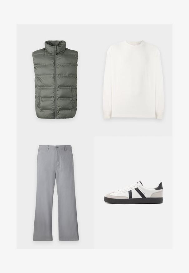 Chaleco sin mangas de felpa gris con cuello alto, cremallera frontal y dos bolsillos delanteros sobre un fondo blanco.; Camiseta blanca de manga larga hecha de algodón suave. Presenta un cuello redondo y puños acanalados, con detalles de costura sutiles. Sin patrones visibles.; Pantalones de pierna ancha grises, hechos de una tela suave, con cierre frontal de botón, trabillas para cinturón y un diseño limpio sin patrones ni acentos visibles.; Zapatilla blanca con acentos en negro y gris, que presenta una puntera texturizada en gris, suela de goma negra y cordones planos blancos. Diseño limpio, estilo minimalista.