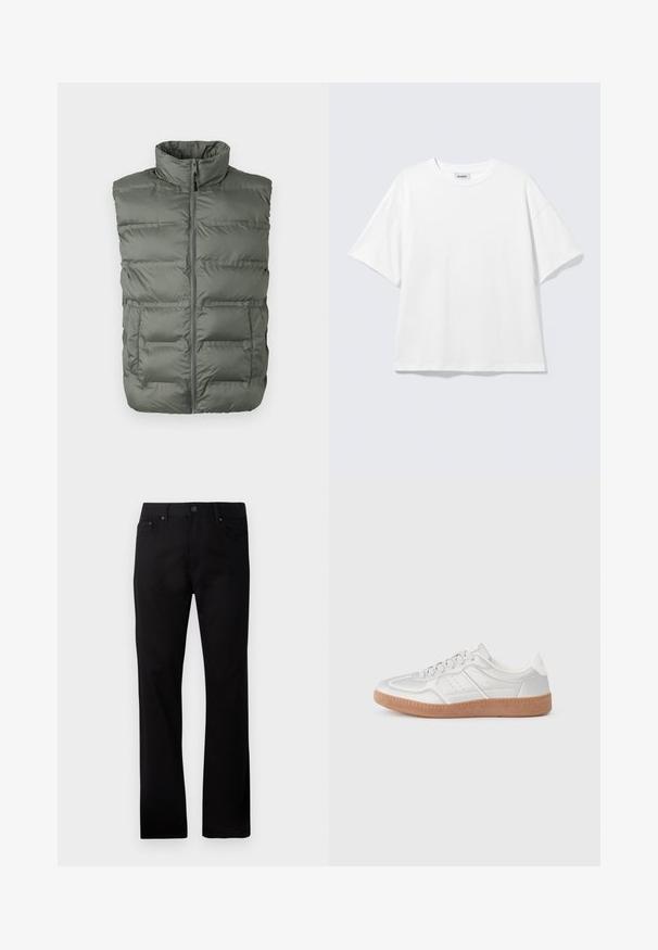 Grå polstret ærmeløs vest med høj krave, frontlynlås og to forlommer mod en hvid baggrund.; Hvid oversized t-shirt med korte ærmer og rund halsudskæring med sænkede skuldre, fladt lagt på lys grå baggrund.; Sorte straight-leg jeans lavet af denim, med lukning foran med knap, to sidelommer og en glat overflade.; Sølv sneakers med en glat overflade, snørebånd, perforerede detaljer og en struktureret brun gummi sål.