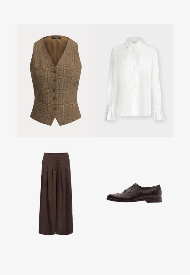 Gilet sans manches marron à carreaux avec cinq boutons sur le devant et un col en V, doté d'une coupe ajustée et de petites poches avant.; Blouse blanche à manches longues avec boutonnage sur le devant, col pointu, fines rayures verticales subtiles et poignets évasés ornés de volants.; Pantalon marron à jambes larges avec plis devant et taille ajustée, fabriqué en tissu léger, présenté sur fond blanc.; Chaussure habillée en cuir marron avec des détails de brogue, fermeture à lacets, bout arrondi et un petit talon empilé. Fini poli et perforations complexes.