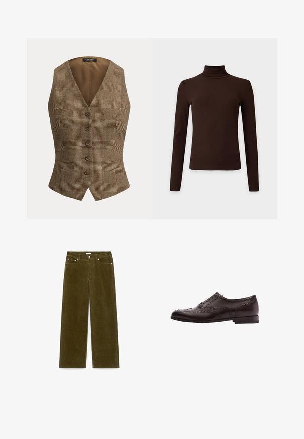 Gilet sans manches marron à carreaux avec cinq boutons sur le devant et un col en V, doté d'une coupe ajustée et de petites poches avant.; Haut à col roulé côtelé marron foncé à manches longues avec silhouette ajustée sur fond clair uni.; Pantalon en velours côtelé vert olive avec jambes droites, poches avant, passants pour ceinture et fermeture par bouton sur fond blanc.; Chaussure habillée brogue en cuir brun foncé pour homme avec perforations en forme d'ailes et lacets, montrée en profil latéral sur fond blanc.
