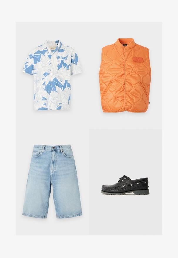 Chaleco acolchado sin mangas en color naranja con botones a presión, cuello acanalado, bolsillos laterales y un parche rectangular cosido en el pecho.; Camisa de manga corta con un estampado de hojas tropicales en blanco y azul, hecha de una tela ligera. Cuenta con un collar clásico y un diseño de botones en la parte frontal.; Pantalones cortos de mezclilla azul claro hasta la rodilla, con bolsillos delanteros, trabillas para cinturón y cierre de botón.; Zapato negro de textura con cordones, puntera redonda, ojales de metal y suela de goma gris rugosa. Presenta un patrón tejido en la parte superior.