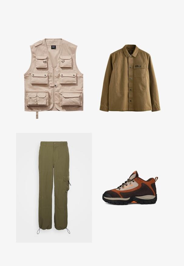 Beige cargo vest lavet af slidstærkt stof, med flere lommer med klapper, lynlås og krave. Accenter inkluderer metaltrykknapper og ringe.; Brun canvasjakke med krave, frontlukning med knapper, to brystlommer og struktureret stof. Militær-inspireret design.; Olivenfarvede cargo-bukser lavet af letvægtsstof. Funktioner inkluderer knaplukning, sidelommer og justerbare manchetter med snore.; Brun og beige vandresko med sort sål, metaløjer, bånd ved hælen og "DC SHOE CO USA" branding på siden.