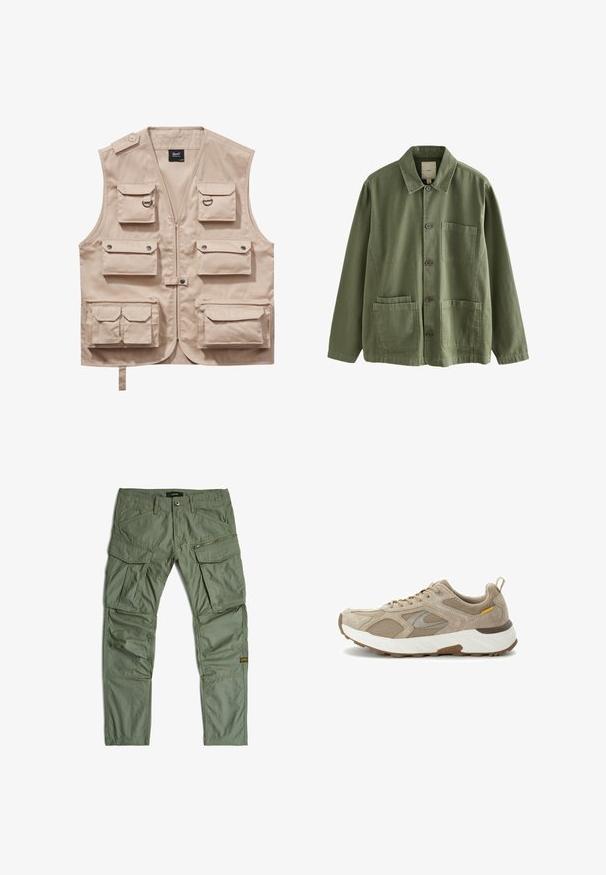 Gilet cargo beige en tissu durable, doté de plusieurs poches avec rabats, fermeture éclair et col. Les accents incluent des boutons-pression en métal et des anneaux.; Veste boutonnée vert olive avec col, manches longues, une poche poitrine et deux poches plaquées à l'avant en bas.; Pantalon cargo vert avec plusieurs poches, y compris des poches zippées et à rabat, passants de ceinture et panneaux cousus aux genoux, posé à plat sur un fond blanc.; Baskets de course beiges présentant une combinaison de matériaux en daim et en maille, avec un col rembourré et une semelle intermédiaire blanche accompagnée d'une semelle extérieure marron texturée.