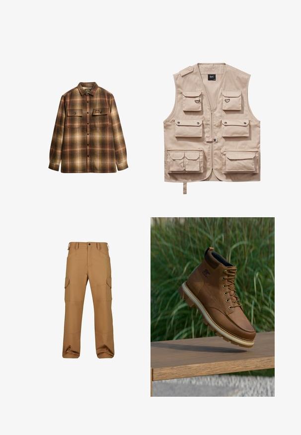 Beige cargo vest lavet af slidstærkt stof, med flere lommer med klapper, lynlås og krave. Accenter inkluderer metaltrykknapper og ringe.; Brun og beige ternet langærmet skjorte med knapper, to frontlommer med klap og krave.; Brune cargo bukser lavet af slidstærkt stof, med flere lommer, en afslappet pasform og forstærkede syninger.; Brun Sorel vandrestøvle i læder med tyk sål, der svæver over en træoverflade, med grøn græs i baggrunden.