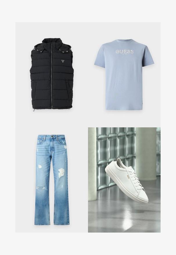 Chaleco acolchado negro con cuello alto, cierre frontal y bolsillos laterales. Presenta un diseño acolchado y un pequeño logo triangular en el pecho.; Camiseta de algodón azul claro de manga corta, con cuello redondo, que presenta un estampado en blanco del logo "GUESS EST. 1981" en la parte delantera. Textura suave.; Vaqueros de mezclilla azul claro con un diseño de pierna recta, que presentan detalles desgastados y un acabado desvaído. Incluyen un botón de metal y cinco bolsillos.; Zapatilla deportiva de piel blanca de corte bajo con cordones, lengüeta negra en el talón y logo "BOSS", flotando en interiores cerca de una pared de bloques de vidrio y suelo pulido.