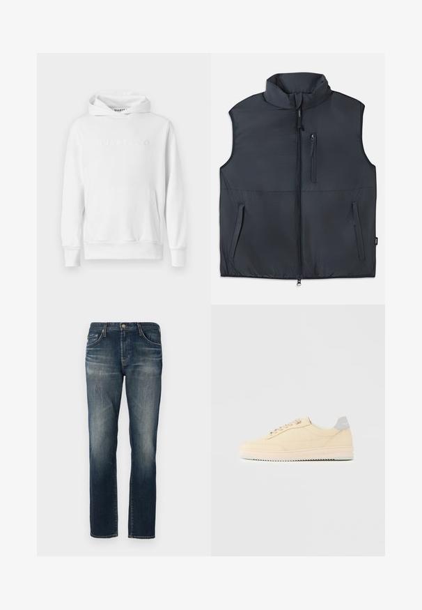 Sort ærmeløs polstret vest med høj krave, frontlynlås og tre lynlåslommer.; Hvid hoodie med frontkangaroo-lomme, snørehætte og præget "QUARTZ CO" logo på brystet. Blødt bomuldsstof.; Mørkeblå denimjeans med lige ben, fem lommer, subtil fading og kontraststikning. Metallukning med knap og lynlås.; Beige lavtop sneaker med snørelukning foran, lyserød sål og grå hællap med mærket "Filling Pieces", vist i profil på ensfarvet baggrund.
