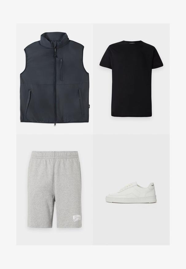 Chaleco acolchado negro sin mangas con cuello alzado, cremallera frontal y tres bolsillos con cremallera.; Les Benjamins SHORT SLEEVE TEE - Camiseta básica - black; Pantalones cortos de algodón grises con una cinturilla elástica y un logo blanco en la parte inferior derecha. Textura suave, diseño a la altura de la rodilla.; Zapatilla de cuero blanca con un acabado suave, puntera redonda, cordones planos y suela texturizada. Cuenta con un sutil logo en el talón.