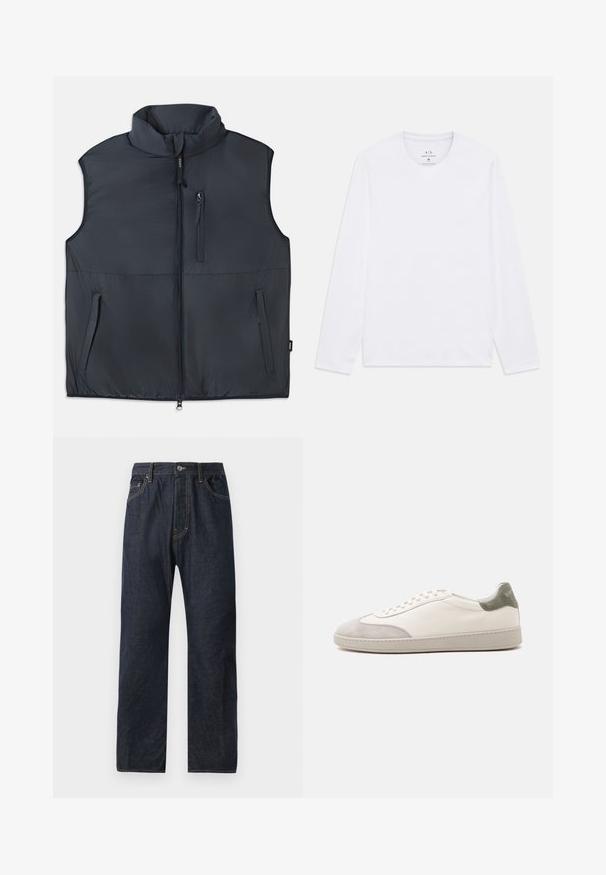 Schwarweste ohne Ärmel mit Stehkragen, Frontreißverschluss und drei Reißverschlusstaschen.; Weiße Langarmshirts mit Rundhalsausschnitt und Armani Exchange-Logo im Nacken, Größe M.; Dunkelblaue Denim-Jeans mit geradem Bein, ausgestattet mit fünf Taschen, dezenten Nähten und einem Knopfverschluss am Bund.; Weißer niedriger Sneaker mit hellgrauen Wildleder-Akzenten an Zehen und Ferse, weißen Schnürsenkeln und einer flachen beigen Sohle, von der Außenseite gezeigt.