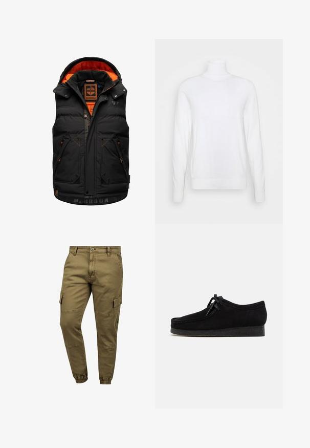 Must must vest mustelakotora, oranžilt fliis vooder, tõmblukk ja nööpidega kinnitused, kaks esist taskut ja kontrastsed õmbluse detailid.; Valge kõrge kaelusega kampsun pikkade varrukatega, valmistatud siledast kangast. Omab sobivat lõiget ning üldiselt ribaroheline varrukate ja küljepidi. Ei sisalda mustreid ega aktsente.; Meeste oliivrohelised cargo-püksid külgmiste klapitavate taskutega, eesmine nööp, luku sulgemine ja elastsed sääreotsad.; Mustad nahast mustad kingad, ümmarguse varba disainiga, nööridega esiosaga ja tekstureeritud musta kummitaldaga. Siledast pealsest materjalist, peene õmbluse detailiga.