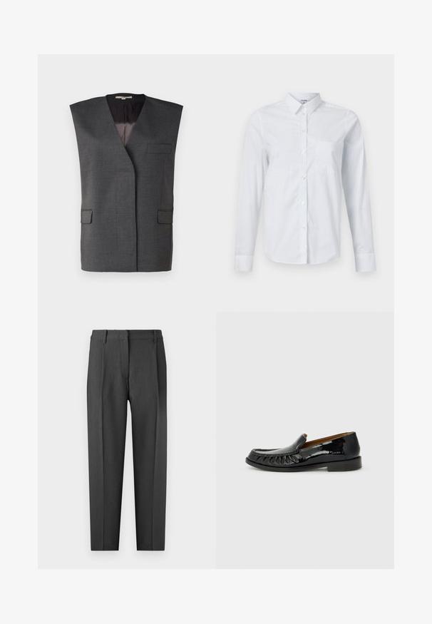 Grå ærmeløs vest med en notch-lapel, to frontlommer og en glat inderside. Lavet af et tekstureret stof med en skræddersyet pasform.; Hvid langærmet skjorte lavet af bomuld, med krave, knaplukning foran og en enkelt brystlomme. Glat tekstur. Ingen mønstre.; Kulkulgrå skræddersyede bukser med flad front, sidelommer og lige ben-design med en glat overflade.; Sorte patentlæder loafers med frangesmykning på fronten og rund tå. Sålen er flad og tekstureret for godt greb.