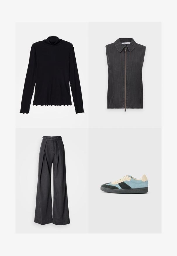 Veste sans manches en denim noir avec un col classique, une fermeture éclair à l'avant, un tissu texturé et une coupe droite.; Rodebjer CISNE - T-shirt à manches longues - black; Pantalons en denim noir à jambes larges avec une taille haute, dotés de plis avant et d'une fermeture éclair classique. Texture nette et lisse avec une finition propre.; Baskets basses en suède bleu clair, vert foncé et beige avec semelle noire et lacets beiges, présentées de l'extérieur.