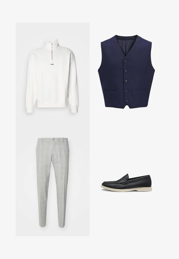Navyblauer Weste aus strukturiertem Stoff, mit schmalem Revers, sechs Knöpfen vorne und zwei Seitentaschen. Glatte Innenauskleidung.; Weißer Pullover-Sweatshirt mit hohem Kragen und halbem Reißverschluss, versehen mit einem kleinen schwarzen "HUGO"-Logo, das zentral auf der Brust platziert ist. Weiches Stoffgefühl.; Grau kariierte Hose mit maßgeschneiderter Passform, mit flachem Frontdesign, einem einzelnen Knopfverschluss und Gürtelschlaufen. Aus einem glatten Stoff gefertigt.; Schwarzer Leder-Slipper mit rundem Zehenbereich und hellbeiger Gummisohle, seitlich auf weißem Hintergrund abgebildet.