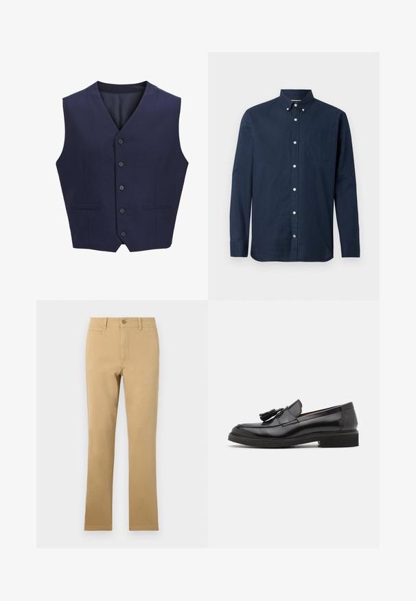 Marineblauwe vest, gemaakt van gestructureerde stof, voorzien van een puntkraag, zes knopen aan de voorkant en twee zijzakken. Glad binnenvoering.; Navyblauwe langemma shirt van lichtgewicht stof met een button-down kraag, een voorzak en witte knopen. Soepele textuur.; Khaki-kleurige rechte broek van katoen, met een knoopsluiting, voorkruiszakken en een soepele textuur.; Zwarte leren instappers met een kwastje, ronde neus en een getextureerde zool. Heeft een gladde afwerking en een minimalistisch ontwerp.