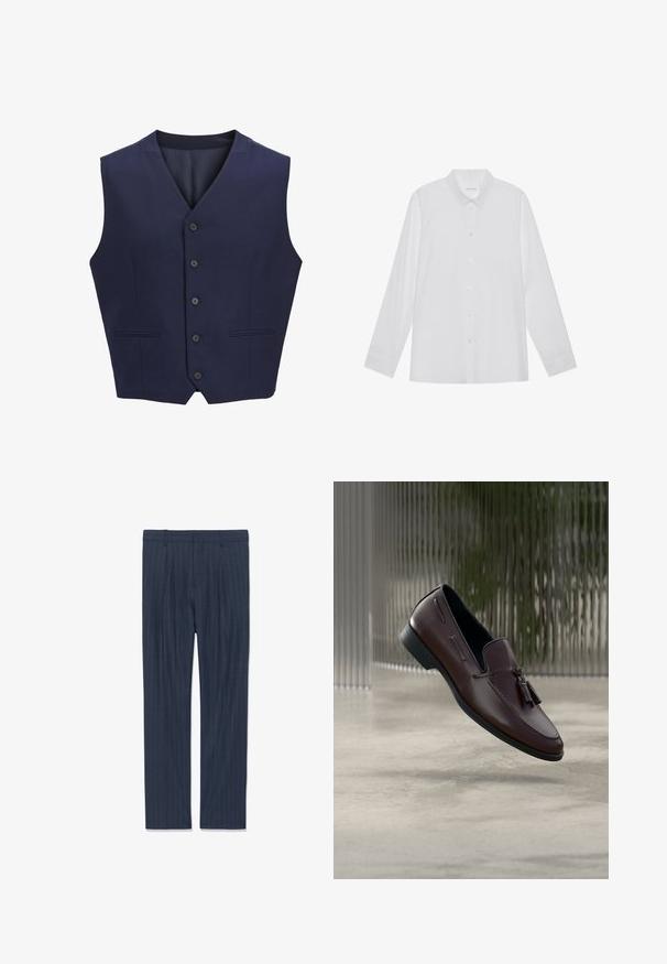 Marineblauwe vest, gemaakt van gestructureerde stof, voorzien van een puntkraag, zes knopen aan de voorkant en twee zijzakken. Glad binnenvoering.; Witte blouse met lange mouwen van soepel stof, met een puntige kraag, voorkant met knoopsluiting en manchetten met één knoop.; Maries in marineblauw met streepdessin voor mannen, met riemlussen, voorkruisplooien en rechte benen plat gelegd op een witte achtergrond.; Bruine leren loafers met een gladde textuur, voorzien van decoratieve kwastjes en een verhoogde nadenlijn, geplaatst tegen een minimalistische achtergrond.