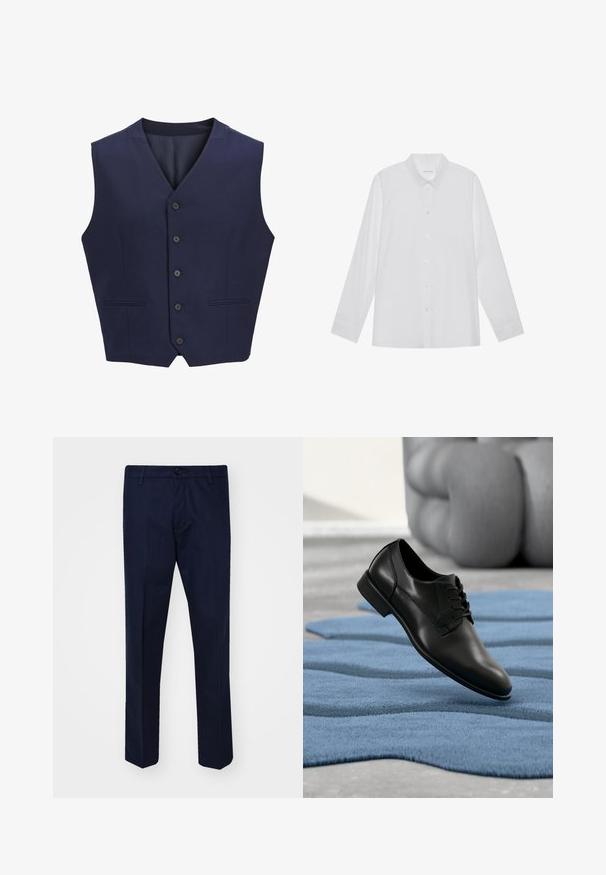 Marineblauwe vest, gemaakt van gestructureerde stof, voorzien van een puntkraag, zes knopen aan de voorkant en twee zijzakken. Glad binnenvoering.; Witte blouse met lange mouwen van soepel stof, met een puntige kraag, voorkant met knoopsluiting en manchetten met één knoop.; Navyblauwe broek van een gladde stof, met rechte pijpen, een knoopsluiting en voorzakken.; Zwarte leren nette schoen zwevend boven een gestructureerd blauw vloerkleed, met op de achtergrond een wazig lichtgrijs sculpturaal object.