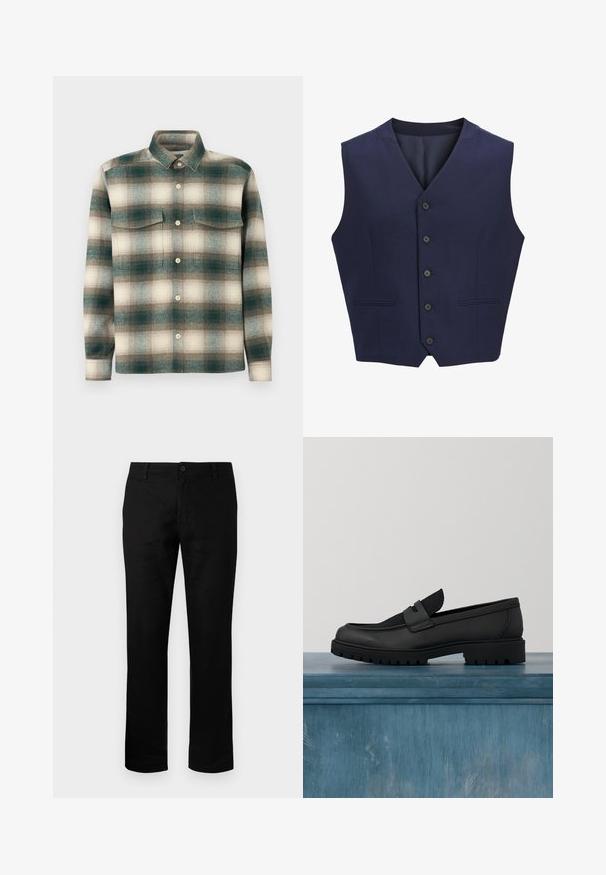 Navyblauer Weste aus strukturiertem Stoff, mit schmalem Revers, sechs Knöpfen vorne und zwei Seitentaschen. Glatte Innenauskleidung.; Karierte Hemd in verschiedenen Grüntönen, Beige und Braun. Hergestellt aus strukturiertem Stoff mit einer Knopfleiste und zwei Brusttaschen.; Schwarze Gerade-Hosen mit Knopfverschluss, Gürtelschlaufen und Vorderseiten-Taschen, vor einem schlichten hellen Hintergrund dargestellt.; Schwarzer Slip-on-Schuh aus Leder mit einem strukturierten Stoffakzent, einer robusten Gummisohle und einer glatten Oberfläche. Verfügt über dezente Nahtdetails.