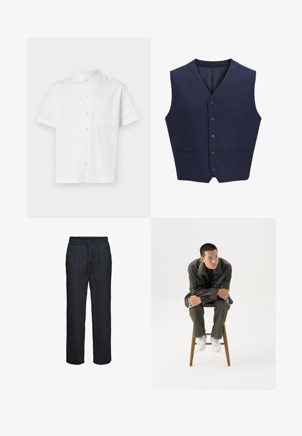 Marineblauwe vest, gemaakt van gestructureerde stof, voorzien van een puntkraag, zes knopen aan de voorkant en twee zijzakken. Glad binnenvoering.; Witte short-sleeve shirt met een knoopsluiting aan de voorkant, voorzien van een enkele zak, gestructureerde stof en lichtgele knopen.; Zwarte losse broek met elastische tailleband en aantrekkoord, rechte pijpen, gemaakt van lichtgewicht stof.; Jonge man in een donkere leren jas en spijkerbroek zit op een houten kruk, leunt naar voren met gekruiste armen en kijkt naar de zijkant tegen een witte achtergrond.