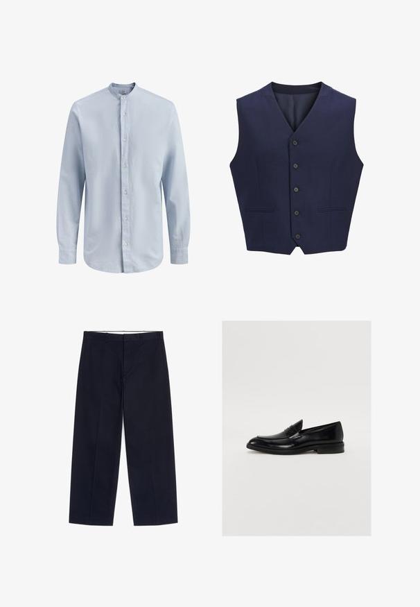 Gilet bleu marine, en tissu texturé, avec un col à revers, six boutons à l'avant et deux poches latérales. Doublure intérieure lisse.; Chemise pour homme à manches longues bleu clair avec col mandarin et boutons blancs sur le devant, présentant une texture subtile.; Pantalon noir à coupe droite avec passants de ceinture, poches latérales et fermeture éclair devant, présenté à plat sur fond blanc.; Mocassin en cuir noir avec une pointe arrondie, des coutures discrètes et une finition lisse. Doté d'un talon bas empilé et d'une sangle sur le cou-de-pied.