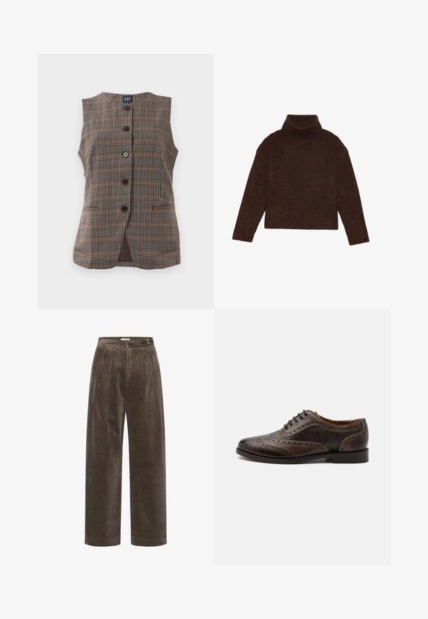Ærmeløs plaid vest med fem sorte knapper, to forlommer og rund halsudskæring i brune og afdæmpede nuancer.; Brun ribbet turtleneck sweater med lange ærmer og cropped silhuet, med et tykkere, struktureret strikdesign.; Brune corduroy brede benbukser med folder, der har en blød tekstur og en mellemhøj talje. Kantafslutningerne er rene og lige.; Mørkebrun læder wingtip brogue sko med perforerede detaljer og ternede stofpaneler, sort sål og sorte snørebånd.