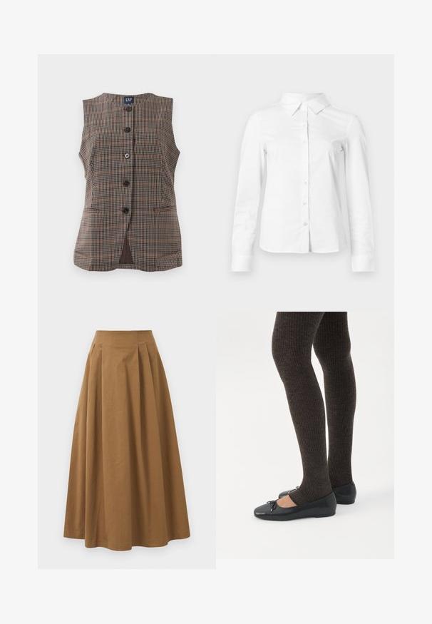 Ærmeløs plaid vest med fem sorte knapper, to forlommer og rund halsudskæring i brune og afdæmpede nuancer.; Hvid skjorte med lange ærmer, knapper, spids krave, lige kant og tætsiddende silhuet, vist på en ensartet lys baggrund.; Brun bomulds A-linjeet nederdel med høj talje, præget af læg foran og en glat tekstur. Endeafslutningerne er enkle og rene.; Ben iført mørke ribbede leggings kombineret med sorte balletsko med små sløjfedetaljer på hvid baggrund.
