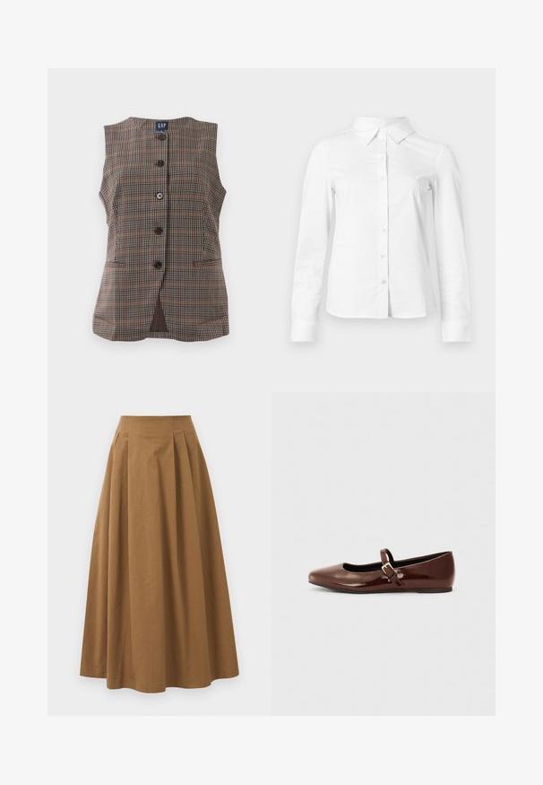 Ærmeløs plaid vest med fem sorte knapper, to forlommer og rund halsudskæring i brune og afdæmpede nuancer.; Hvid skjorte med lange ærmer, knapper, spids krave, lige kant og tætsiddende silhuet, vist på en ensartet lys baggrund.; Brun bomulds A-linjeet nederdel med høj talje, præget af læg foran og en glat tekstur. Endeafslutningerne er enkle og rene.; Brun patentlæder balletflade med firkantet tå og strop med en lille guldbuckle. Glat tekstur, lav hæl og minimalistisk design.