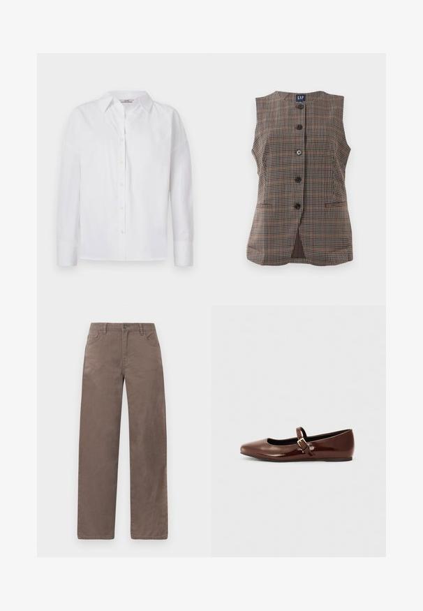 Chaleco sin mangas a cuadros con cinco botones negros, dos bolsillos frontales con apertura, y un cuello redondo, en tonos marrones y apagados.; Camisa blanca de botones hecha de algodón, con mangas largas, un cuello clásico y detalles de costura sutiles.; Pantalones marrones de pierna recta hechos de algodón, con cierre de botón en la parte delantera, presillas para cinturón y cinco bolsillos con una textura suave.; Bailarina de charol marrón con punta cuadrada y tira que presenta una pequeña hebilla dorada. Textura suave, tacón bajo y diseño minimalista.