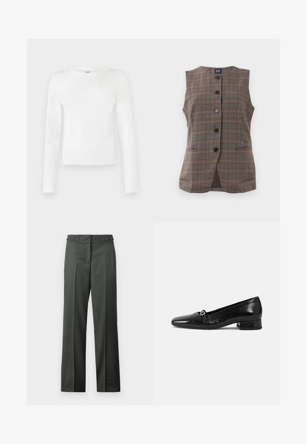 Ærmeløs plaid vest med fem sorte knapper, to forlommer og rund halsudskæring i brune og afdæmpede nuancer.; Langærmet T-shirt med rund hals i solid hvidt stof. Har en tætsiddende silhuet med en glat tekstur og et diskret mærkelogo ved halsudskæringen.; Mørkegrå bukser med lige ben, frontfolder og justerbar sidespænde ved taljen mod en hvid baggrund.; Sorte patentlæder balletflade med spids tå, lav firkantet hæl og en lille metallisk spænde detalje på remmen. Glat tekstur.