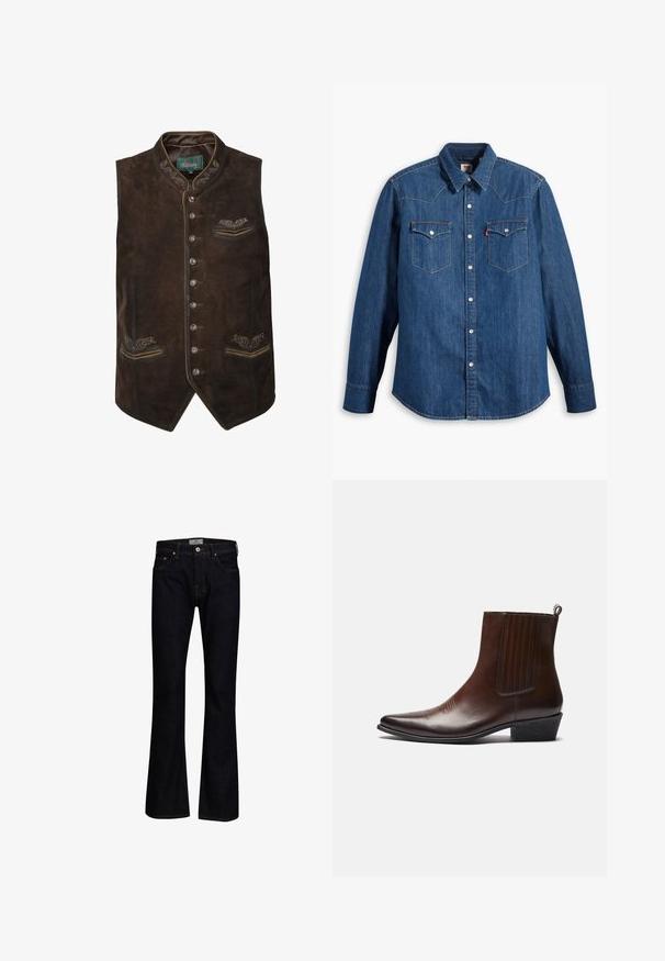 Mørkebrun ruskind herrevest med syv knapper foran, broderet dekorativ kant på kraven og lommerne samt skræddersyet mandarinkrave.; Denim skjorte i mørkeblå med lange ærmer, spids krave og trykknapper. Har to brystlommer med klapper og kontrastsying.; Mørkeblå bukseskær med flared fit lavet af denim med en glat tekstur. Har fem lommer, messingbeslag og kontrastsygning.; Brun læder ankelstøvle med spids tå, elastiske sidepaneler, tekstureret detaljer på fronten og en lav stablet hæl.