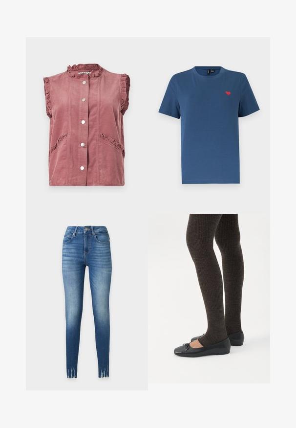 Gilet sans manches en velours côtelé rose poussiéreux avec bords volantés, fermeture à boutons-pression à l'avant et poches à rabat biaisées ornées de volants.; T-shirt bleu à manches courtes et col rond avec un petit emblème en forme de cœur rouge sur le côté gauche de la poitrine, sur un fond blanc uni.; Jean skinny taille haute bleu avec détails délavés sur les cuisses, style cinq poches, fermeture par bouton et zip, et ourlets effilochés.; Jambes portant des leggings côtelés foncés associés à des ballerines noires avec de petits détails en nœud sur fond blanc.