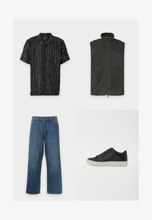 Veste en polaire gris foncé avec col montant, fermeture éclair intégrale à l'avant, et poches zippées sur la poitrine et les côtés. Texture douce et design sans manches.; Chemise à manches courtes en tissu noir avec des rayures blanches verticales, une poche sur la poitrine gauche et un col avec une coupe décontractée.; Jean denim bleu coupe droite avec un design classique à cinq poches et une fermeture par bouton, présenté sur un fond blanc uni.; Baskets en cuir noir avec un bout rond, semelle plate en caoutchouc blanc et lacets à six œillets. Texture lisse, style minimaliste.