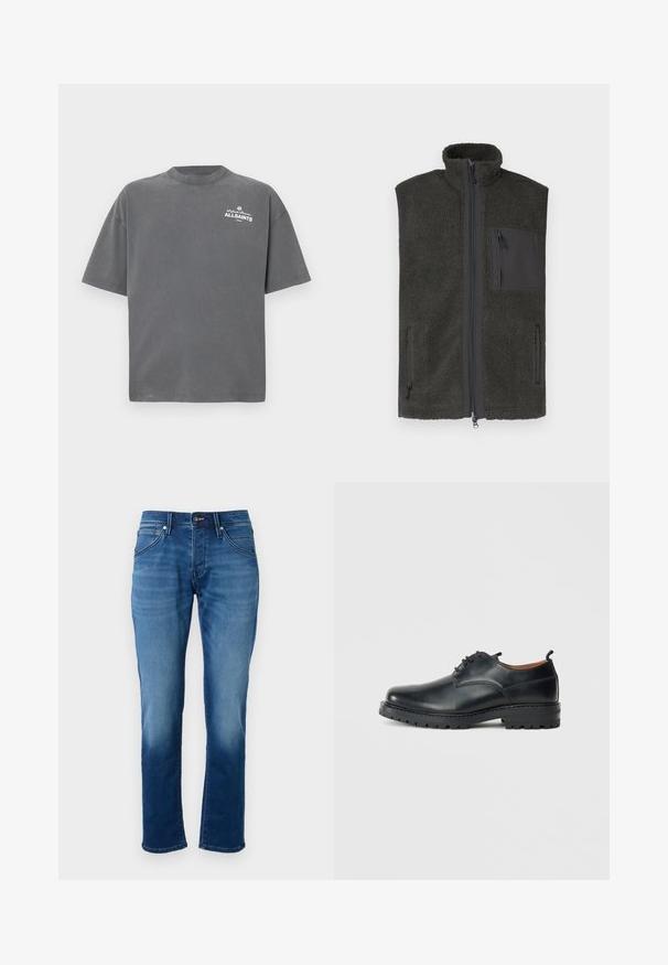 Chaleco de forro polar en gris oscuro con cuello alto, cremallera frontal completa y bolsillos con cremallera en el pecho y los laterales. Textura suave y diseño sin mangas.; Camiseta de manga corta de color gris oscuro con cuello redondo y pequeño logo blanco "ALLSAINTS" en la parte superior izquierda del pecho.; Jeans de mezclilla azul con corte recto, textura suave, cinco bolsillos y cierre de botón. La tela presenta un efecto de lavado descolorido.; Zapatos derby de cuero negro con una textura suave, punta redondeada, diseño de cordones y una suela de goma gruesa y resistente.