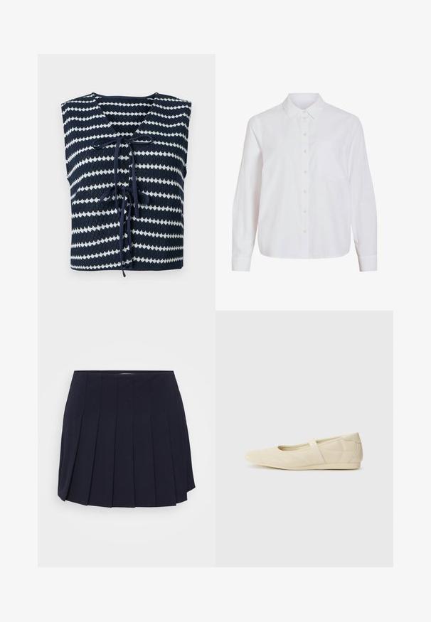 Veste sans manches tricotée rayée bleu marine et blanc avec col en V et cordons noués à l'avant, pliée à plat sur un fond clair.; Chemise blanche à manches longues, boutonnage frontal, col classique, poche poitrine unique, confectionnée dans un tissu lisse et léger avec une coupe décontractée.; Jupe plissée navy en tissu lisse. Dotée d'une ceinture et de plis verticaux distincts, offrant une silhouette structurée.; Ballerines beiges avec une exterior en cuir lisse, un bout en forme d'amande et une sangle élastique sur le coup de pied, avec des détails de couture subtils.