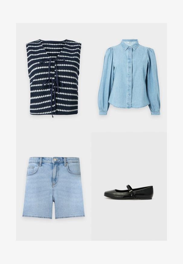 Veste sans manches tricotée rayée bleu marine et blanc avec col en V et cordons noués à l'avant, pliée à plat sur un fond clair.; Chemise en denim bleu clair avec un col pointu, une patte de boutonnage à l'avant et des manches longues bouffantes. Texture lisse avec un ourlet arrondi.; Short en jean bleu clair avec bouton à l'avant, fermeture éclair, passants de ceinture et design cinq poches sur un fond uni.; Ballerines en cuir noir avec un bout arrondi, une semelle plate et une fine sangle ajustable sur le cou-de-pied avec une boucle en métal.