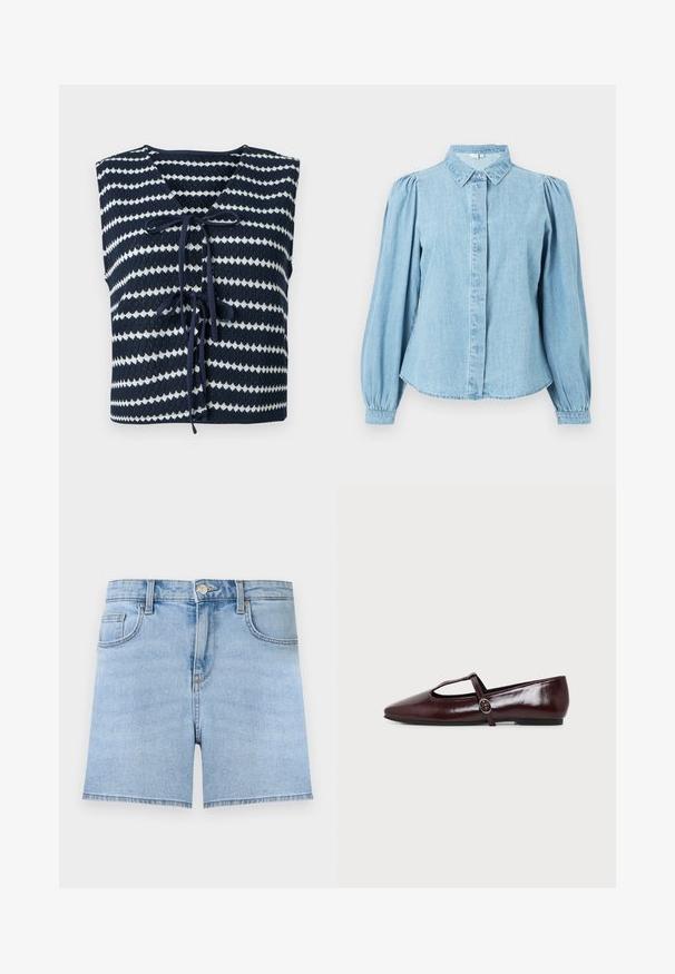 Veste sans manches tricotée rayée bleu marine et blanc avec col en V et cordons noués à l'avant, pliée à plat sur un fond clair.; Chemise en denim bleu clair avec un col pointu, une patte de boutonnage à l'avant et des manches longues bouffantes. Texture lisse avec un ourlet arrondi.; Short en jean bleu clair avec bouton à l'avant, fermeture éclair, passants de ceinture et design cinq poches sur un fond uni.; Chaussure plate en cuir bordeaux foncé avec un bout pointu et une fine bride en T avec une boucle argentée sur fond blanc.