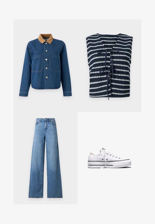 Ärmellose marineblaue und weiße gestreifte Strickweste mit V-Ausschnitt und vorne gebundenen Bändeln, flach auf hellem Hintergrund gefaltet.; Jeansjacke mit einem braunen Cordkragen, vorderer Knopfverschluss, zwei großen Brusttaschen und einem lässigen Schnitt. Blaue Stoff mit subtiler Struktur.; Hellblaue High-Waist-Weitbein-Jeans mit vorderer Knopfleiste und Reißverschluss, Vorder- und Gesäßtaschen sowie dezentem Verblassen an den Oberschenkeln.; Weißer Canvas-Sneaker in niedriger Ausführung mit weißen Schnürsenkeln, schwarzen Streifen an der Sohle und gummiertem, strukturiertem Zehenschutz, Seitenansicht vor weißem Hintergrund.