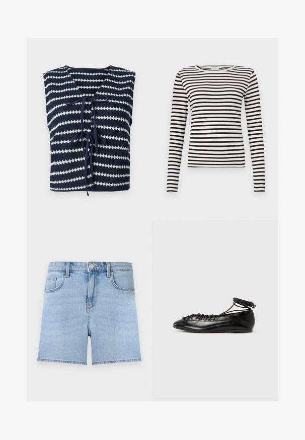 Veste sans manches tricotée rayée bleu marine et blanc avec col en V et cordons noués à l'avant, pliée à plat sur un fond clair.; Chemise à rayures noires et blanches à manches longues avec un col rond et une texture côtelée ajustée. Largeur des rayures équilibrée sur l'ensemble.; Short en jean bleu clair avec bouton à l'avant, fermeture éclair, passants de ceinture et design cinq poches sur un fond uni.; Ballerines en cuir verni noir avec un bout rond, un design à lacets et une semelle plate. Texture lisse avec peu de détails.