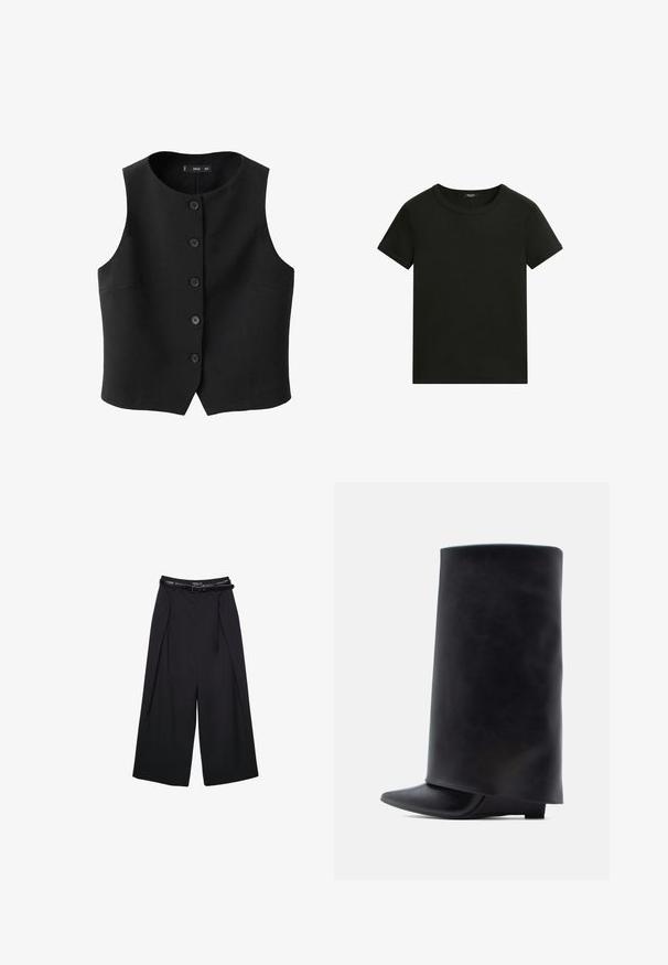Sort ærmeløs vest med rund halsudskæring, frontlukning med knapper og sidelommer, lavet af et glat stof med en subtil glans.; Enkel sort kortærmet t-shirt med rund hals og simpel, tætsiddende pasform mod en hvid baggrund.; Sorte vidde bukser lavet af glat stof, med høj talje og bæltesløjfer, med plisserede detaljer foran og uden synlige mønstre.; Sorte læderankelstøvler med høj cylindrisk skaft, spids snude og lav flad hæl, der har en glat tekstur og et minimalistisk design.