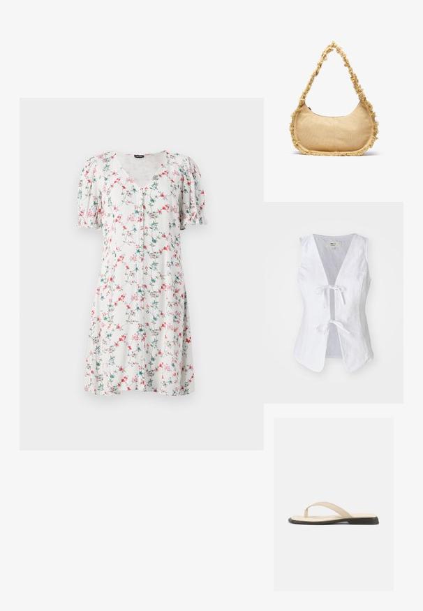 Weißes Leinen-Top ohne Ärmel mit tiefem V-Ausschnitt, gebundenem Frontverschluss und glatter Textur. Verfügt über zwei frontale Taschen und einen abgerundeten Saum.; Blumenbekleidungs Kleid mit kurzen Ärmeln aus leichtem Stoff, mit einem V-Ausschnitt, Knopfdetail und einem Muster aus rosa und blauen Blumen auf weißem Grund.; Beige flache Zehensandale mit gepolstertem Fußbett und schwarzer Sohle, von der Seite vor weißem Hintergrund gezeigt.; Texturierte beige Tasche mit runder Form, ausgefranstem Rand entlang der Kanten und einem kurzen Tragegriff. Mit einem Reißverschluss oben.