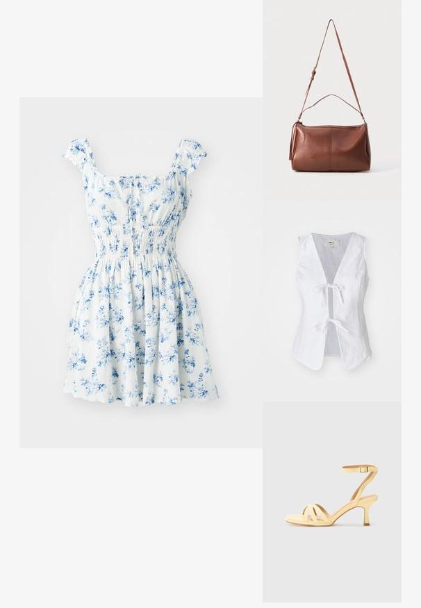 Túnica sin mangas de lino blanco con un profundo escote en V, cierre frontal atado y textura suave. Presenta dos bolsillos frontales y dobladillo redondeado.; Vestido floral con mangas cortas de volantes, tejido blanco estampado con flores azules, cintura fruncida y falda acampanada.; Sandalias amarillas con tiras, de tacón bajo, que presentan una delgada correa en el tobillo y múltiples tiras cruzadas que forman un diseño de punta abierta.; Bolso de hombro de cuero marrón con textura suave, forma redondeada, una correa ajustable y un detalle de borla en el lateral.