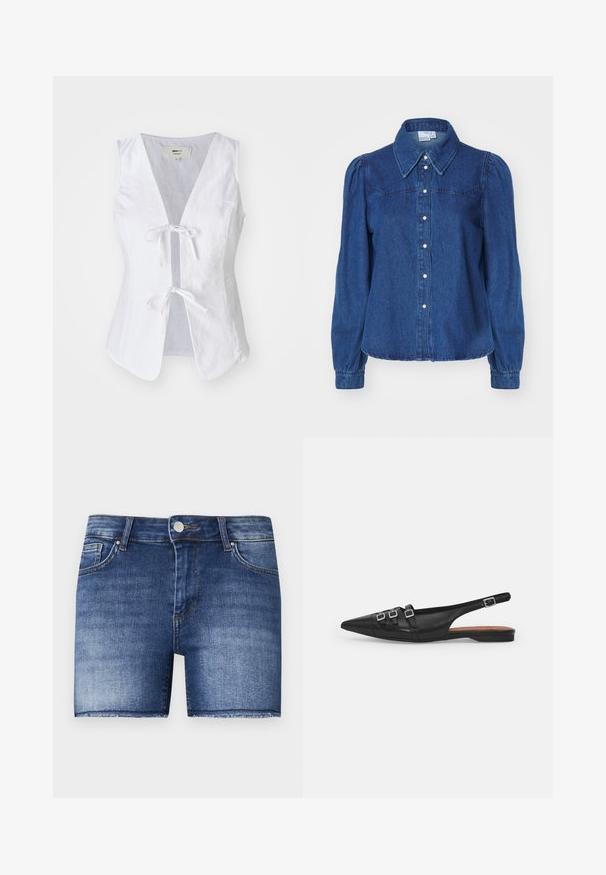 Túnica sin mangas de lino blanco con un profundo escote en V, cierre frontal atado y textura suave. Presenta dos bolsillos frontales y dobladillo redondeado.; Camisa de denim con cuello estructurado, mangas largas abullonadas y botones en la parte delantera. Tejido de color azul oscuro con textura sutil y cintura ajustada.; Shorts de mezclilla en un lavado azul medio con un corte recto. Presentan áreas descoloridas, un bolsillo frontal y un dobladillo sin acabar en la parte inferior.; Zapato plano slingback de cuero negro con puntera puntiaguda, que presenta dos correas horizontales y hebillas plateadas cuadradas, tacón bajo y textura suave.