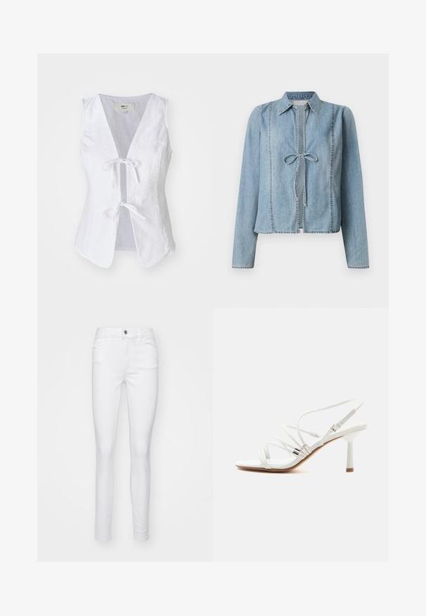 Top sans manches en lin blanc avec un décolleté en V profond, fermeture à nouer à l'avant et texture lisse. Dispose de deux poches avant et d'un ourlet arrondi.; Veste en denim bleu clair à manches longues, avec un lien de fermeture à l'avant et des détails de couture délicats. Dotée d'un col classique et d'une coupe droite.; Jean skinny blanc en denim, avec une fermeture à bouton sur le devant, cinq poches et une texture lisse sur l'ensemble du tissu.; Sandale blanche à talons hauts avec fines brides, accents argentés, bout carré et talon fin de hauteur moyenne sur fond blanc uni.