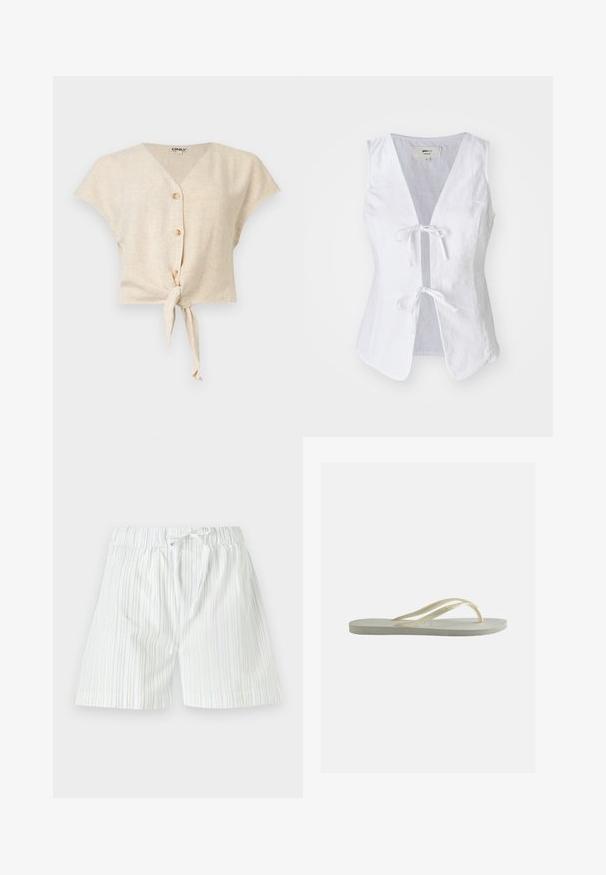 Top sans manches en lin blanc avec un décolleté en V profond, fermeture à nouer à l'avant et texture lisse. Dispose de deux poches avant et d'un ourlet arrondi.; Blouse beige à manches courtes, col en V, trois boutons sur le devant et un nœud noué à l’avant au bas.; Shorts pour homme en tissu léger, avec des rayures verticales bleu clair et blanches, dotés d'une taille élastique et d'un cordon de serrage.; Tongs en caoutchouc blanc cassé, à bride fine et semelle texturée, vues de côté sur un fond uni.
