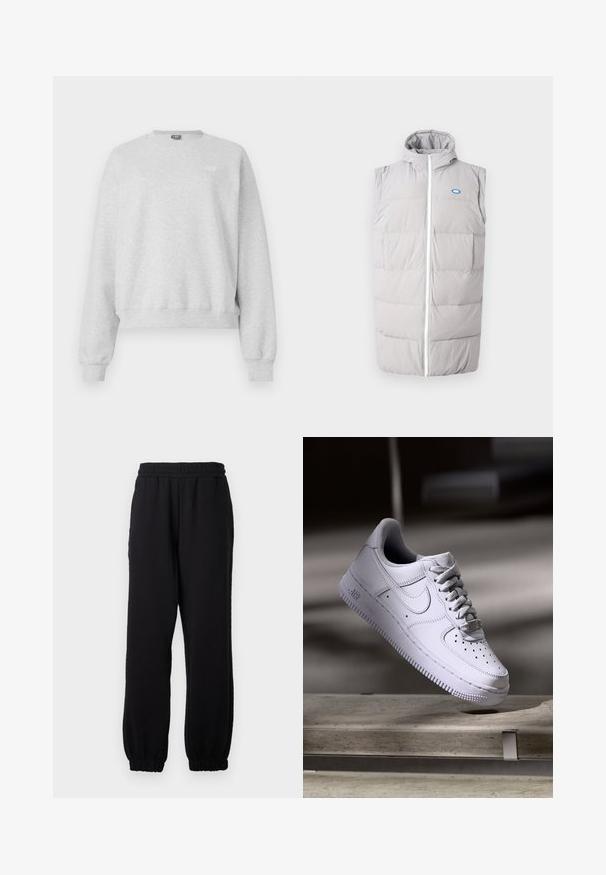 Halli puff vest hall mänguvärviga, millel on lukuga esiosa, kõrge krae ja ilma varrukateta disain; sisaldab kahte eesmist taskut ja väikest sinist logo.; Hallhalli hall sweatshirt pehmest puuvillaseguses, ümmarguse kaelusega, pika varrukaga ja ribaga ääristusega. Ees väike logo detail.; Mustad elastse vöö ja pahkluudega püksid lõdva lõikega, valmistatud pehmest kangast, esitatud ühevärvsel taustal.; Valge Nike Air Force 1 toss, mis hõljub betoonpinna kohal, varjud minimalistlikus keskkonnas.