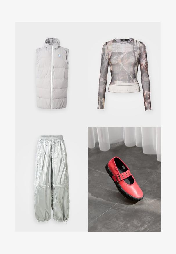 Grå puffervest med lynlås foran, høj krave og ærmeløs design; har to frontlommer og et lille blåt logo.; Langærmet, gennemsigtig bluse med et gråbrunt abstrakt mønster, rund halsudskæring og tætsiddende silhuet med let stræk.; Sølv letvægts cargo-bukser med en skinnende overflade, elastisk talje, samlede manchetter og to store forlommer.; Rød Mary Jane sko med sort tyk ribbet sål og spænde rem, hviler på grå flisegulv nær en lys hvid gardin.